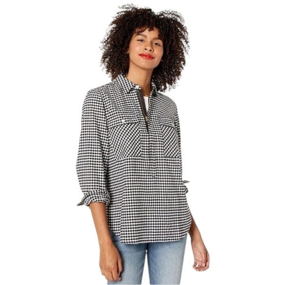 J. Crew Black & White Gingham 1/2 Zip 100% Cotton Shacket Pockets Size Large - Picture 1 of 10